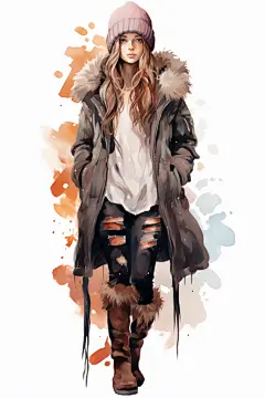 卡通时尚冬季卷发美少女人物插画