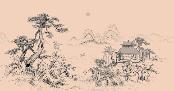 中国风白酒线描黑白包装设计插画线稿
