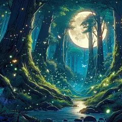 Ai产生的, 森林, 月亮, 发光的, 萤火虫, 夜光, 空灵的, 神秘, 神奇
