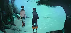 海边,树,动漫,女孩,男孩,情侣桌面壁纸