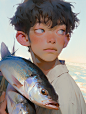 illustrating 17-year-old South Corean idol boy, extremely handsome faces, Corean holding a fish, look direct to camera, with many sea food in the backgrounds, siokeidansi, with many colorful sea food in the background, realistic portraiture, daydreaming, 