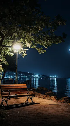 绿色山水古风山水夜景路灯椅子壁纸