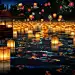 传统节日灯会水上放河灯祈福许愿氛围摄影图