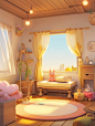 Cozy interior, sunshine, sea outside the window, wooden floor, plush carpet--ar 9:16