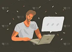 手绘矢量抽象股票图形插图与年轻男性工作或聊天笔记本电脑上孤立的黑色背景