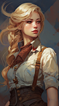 A masterpiece award winning digital illustration painted by [Krenz Cushart],A young and beautiful girl archaeologist,blond hair, late 19th century, half body, exaggerated dynamics, half body shot, character design, solid color background, bold outline, so