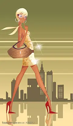 手绘穿着红色高跟鞋挎着皮包的美女