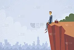 商人坐在悬崖顶上的岩石山