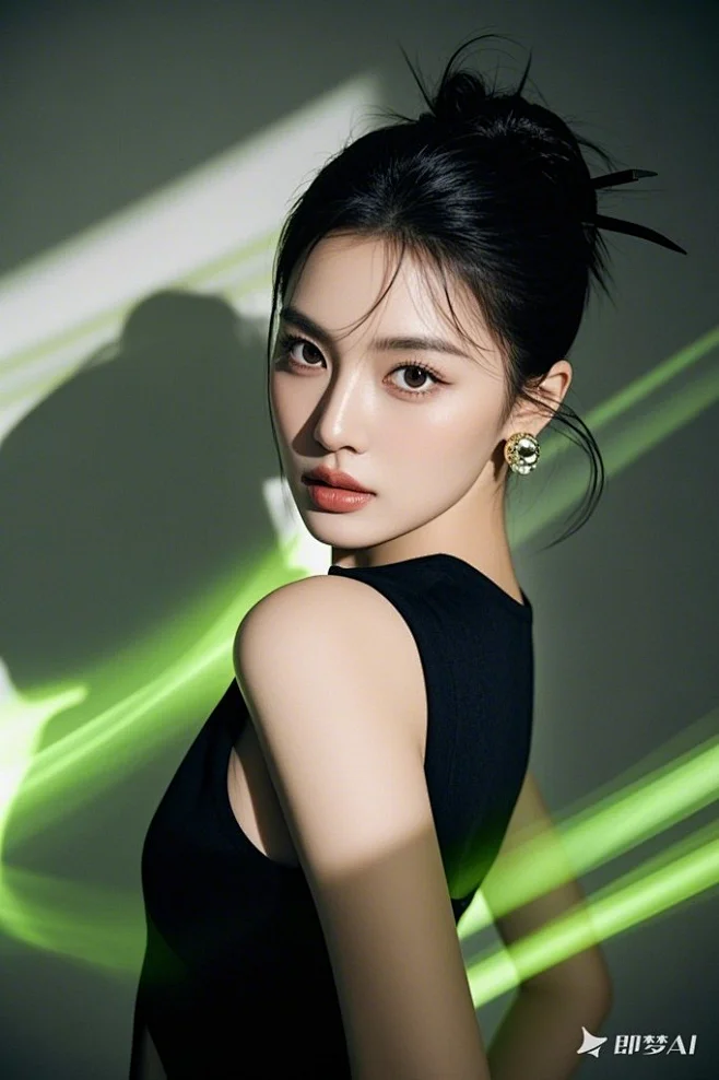 时尚美女，摄影写真，精致五官，皮肤白皙，杂志构图，影子，层次感，立体感，最佳质量，背景虚化，8K，荧光绿黑白色系，丁达尔光效，中景镜头，-花瓣网