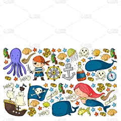 海盗派对小孩子的插图。儿童生日庆祝活动与宝岛，章鱼，海盗