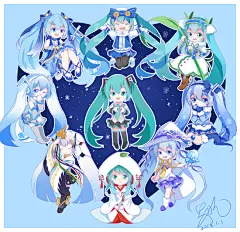 VOCALOID 同人图 插画 壁纸 | 雪初音全家福
