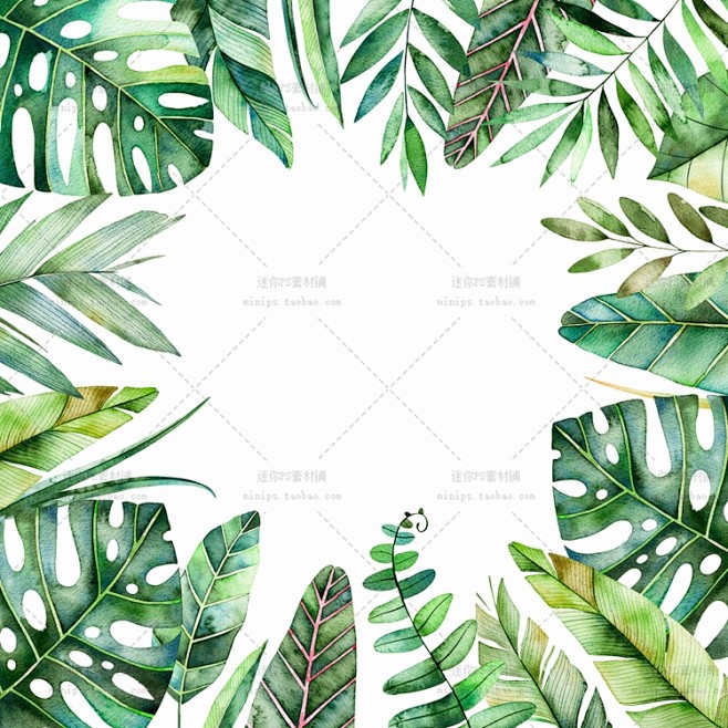 179号手绘水彩热带雨林植物棕榈树叶高清图案印花海报设计素材淘宝网