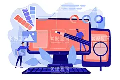 设计师概念插画  - 源文件下载【酷图网】设计师,笔记本电脑,平板电脑,放大镜,插画,卡通,手绘,背景,背景墙,展板,场景,素材,