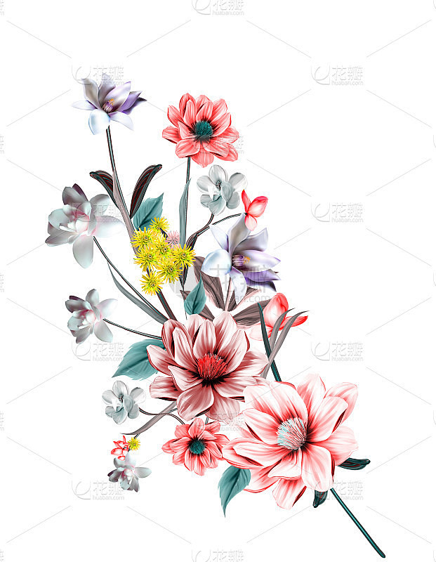 花卉插图-鲜亮的粉红色鲜花，绿色的叶子，...