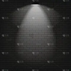 向量场景照明聚光灯。黑色的砖墙背景。