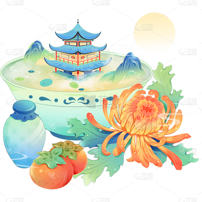 重阳节九月九日国潮手绘插画中国风中式建筑...