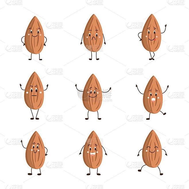 卡通杏仁套装-可爱的棕色坚果与不同的情绪在脸上素材-花瓣网