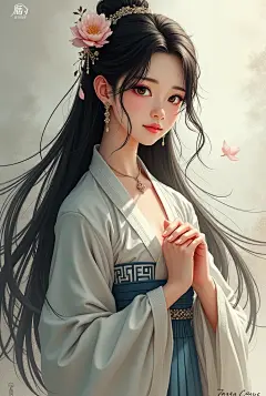 1 名女孩,jewelry,孤独,耳环,长发,黑发,胸部 - SeaArt AI