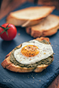 Poached Egg and Pesto Sauce on Toast