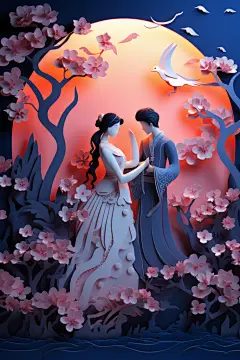 梦幻浪漫古风剪纸风牛郎织女七夕人物插画