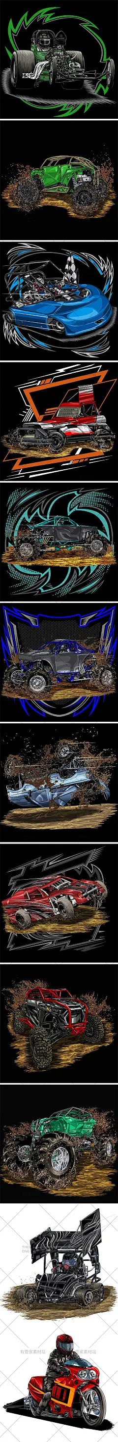 涂鸦手绘汽车摩托车跑车越野赛车道赛车漂移插画AI矢量设计素材-淘宝网
