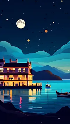 鼓浪屿，大海，游船，夜空，圆月，夜景