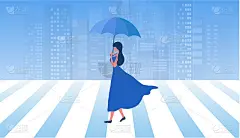 女人拿着伞和走在街上的城市建筑矢量插图