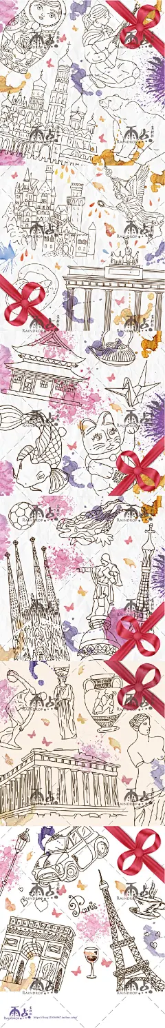 手绘 线描 旅游各国特色名胜平面设计 水彩海报设计 ai矢量素材-淘宝网 #水彩# #素描# #壁纸# #背景图#
