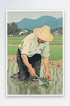 AI数字艺术复古农民插秧春耕农忙种田插画