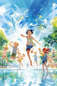 游泳暑期休闲酷暑开心学生插画图片