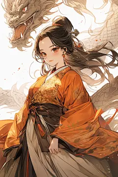 水墨古装红衣少女古风女孩和龙插画