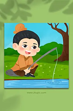 快乐古风河边垂钓人物精美插画