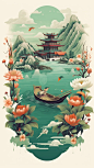 Dragon Boat Festival Chinese villages, big rivers and dragon boats, rice fields on both sides, flowers, Zongzi, light rain, spring green, bright background, white space on the top of the frame, plane illustrations, Victorian style