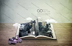 美国纽约世贸大厦书本畅想机车旅游小景合成PSD图片海报设计旅行海报首页素材