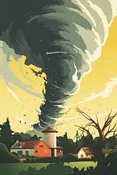 扁平风被破坏的房屋自然灾害龙卷风插画