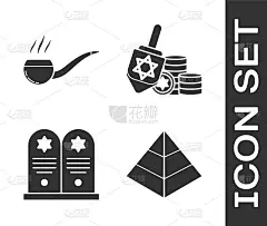 设置埃及金字塔，抽烟斗与烟，墓碑与星的大卫和光明节dreidel和硬币图标。向量