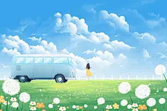 卡通可爱人物春夏出游田园风光插画