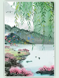 春夏季古风谷雨春分节气治愈风景漫画风手绘插画