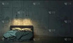 昏暗的房间里，混凝土墙前的地板上放着一张空床。暗淡的内部阁楼风格与复制空间。3 d渲染。