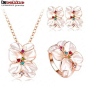 2016 Best Seller Jewelry Set Rose Gold Plate Austrian Crystal Enamel Earring/Necklace/Ring Flower Set Choose Size of Ring ST0002(China (Mainland))