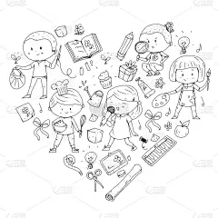 的孩子。学校和幼儿园。创造力和教育。音乐。探索。科学。的想象力。玩和学习。烹饪。唱歌。阅读。不同的爱