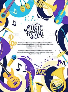 矢量旗帜为音乐节。手刻字。爵士音乐会邀请，贺卡，派对布局模板。性能的广告小册子。萨克斯管，吉他，鼓平