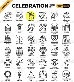 概念,线条,图标集,请柬,蛋糕,化妆面具,庆祝,问候,爱,花