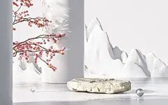 3D立体新中式电商C4D立体展台横版背景立体几何空间插画兔年展台