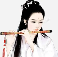 吹笛子的白衣美女手绘古风 平面电商 创意素材
