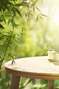 background scene of table sitting on side of bamboo tree and the sun, in the style of ethereal foliage, organic and fluid, soft renderings, blurry details, glazed earthenware, uhd image, innovative page design