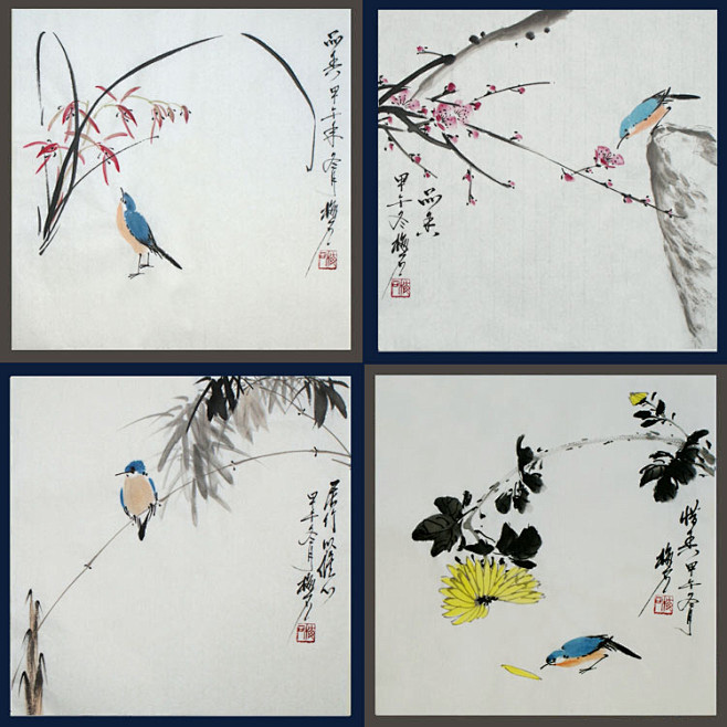 花鸟画家梅石原创禅意国画小品梅兰竹菊四联精品字画书画手绘真迹淘宝