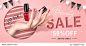 Nail lacquer sale ads with a hand holding products, lovely pink background with party flags.