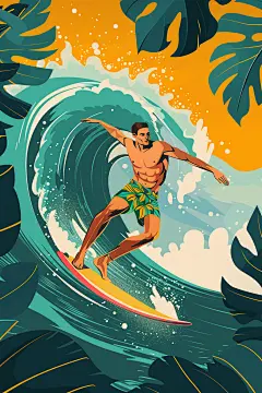 扁平风冲浪夏天清新插画