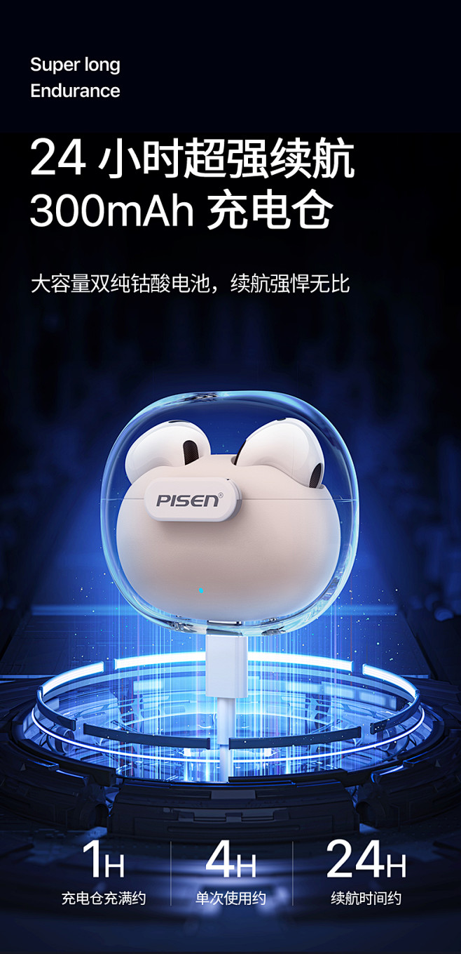 品胜半透明蓝牙耳机真无线运动双耳无延迟适...